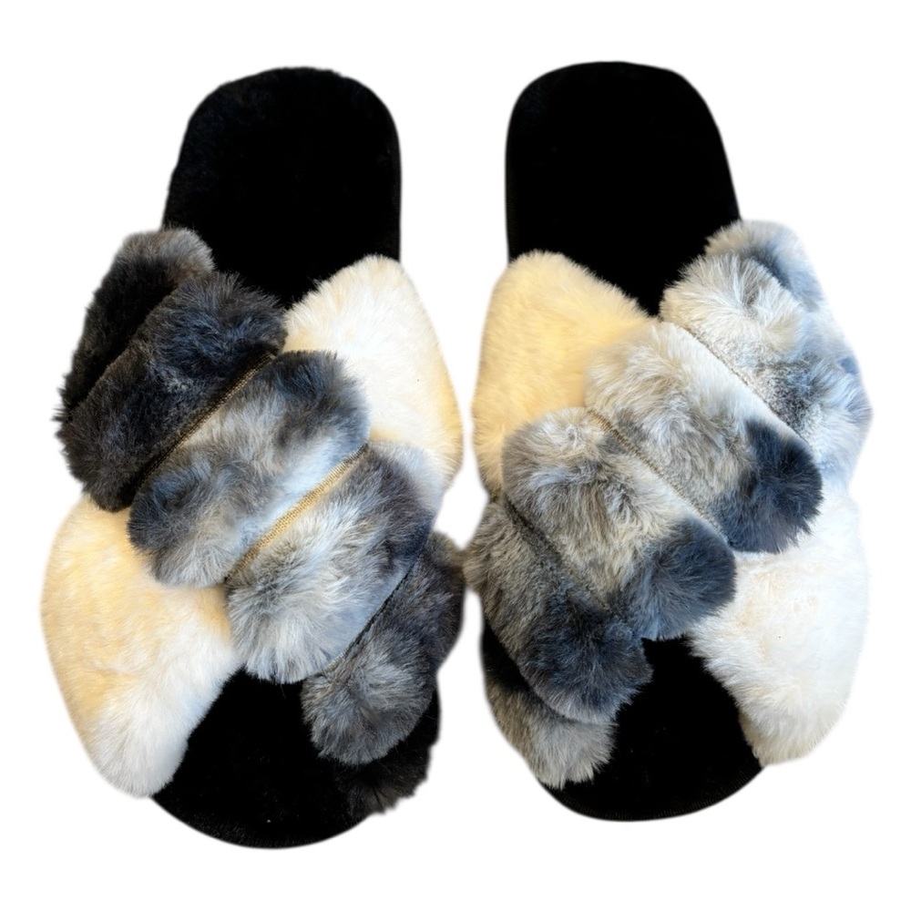 Women's Faux Fur Slide Slippers - Black, Gray, and White
